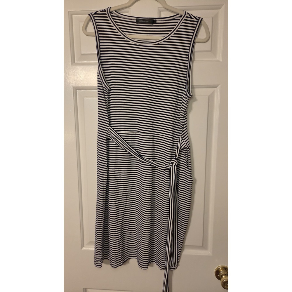 Merokeety Women's Sleeveless Striped Large T- Shirt Dress With Tie Black & White